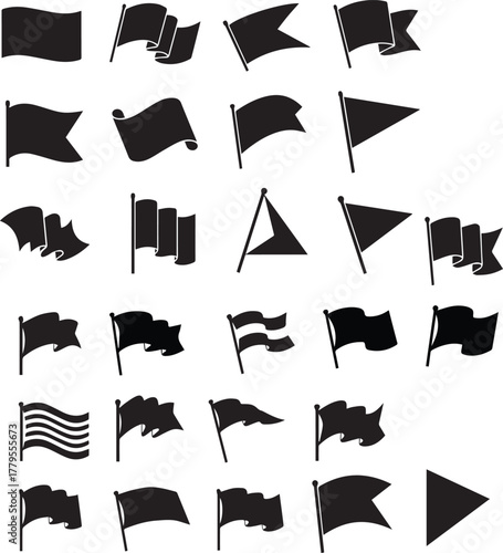 Flag silhouette vector set in various shapes and waving styles on a transparent background.