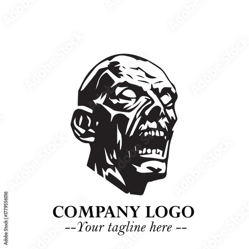 Head of Zombie Logo Symbol in Black on the White Background with Horror Minimal Vector Design