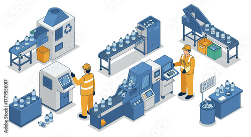 Automated recycling facility with workers isometric industrial process
