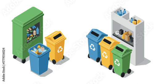Isometric waste management and recycling bins for effective waste sorting