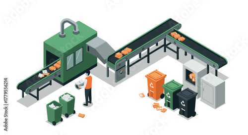 Isometric recycling process with conveyor belts and bins in modern facility