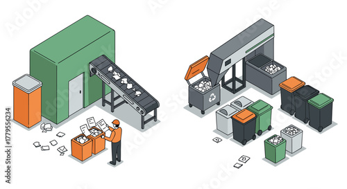 Isometric recycling facility with conveyor and waste management bins