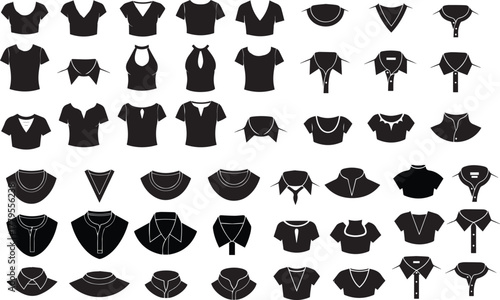 Neckline and collar silhouette vector set isolated on a transparent background. Fashion design.