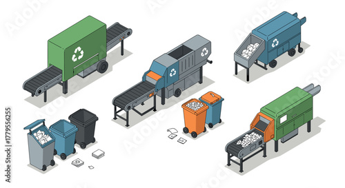 Isometric recycling process with machines and bins for waste management