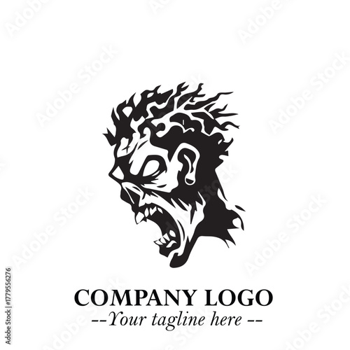 Head of Zombie Logo Symbol in Black on the White Background with Horror Minimal Vector Design