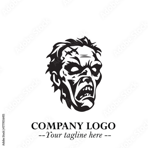 Head of Zombie Logo Symbol in Black on the White Background with Horror Minimal Vector Design