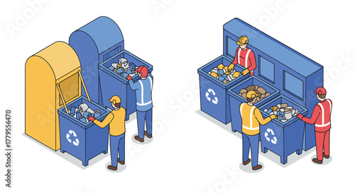 Isometric recycling scene with workers sorting waste at facilities