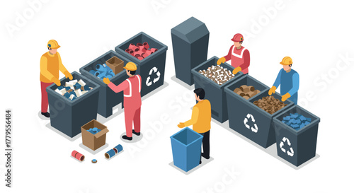 Isometric recycling sorting process with people working in waste management and sustainability