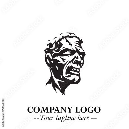 Head of Zombie Logo Symbol in Black on the White Background with Horror Minimal Vector Design