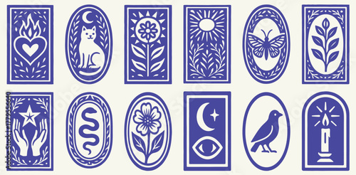 Collection of mystical and spiritual symbols in a folk art linocut style, featuring nature elements, celestial bodies, esoteric icons, and occult motifs for design projects
