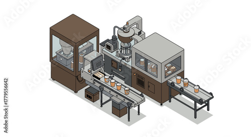 Isometric modern coffee production line with conveyor
