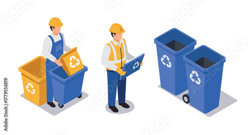 Isometric workers sorting recyclable waste into blue and yellow bins