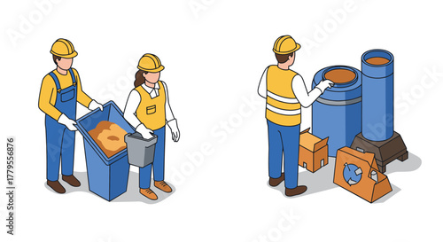 Workers in safety gear managing waste at a recycling plant in isometric style
