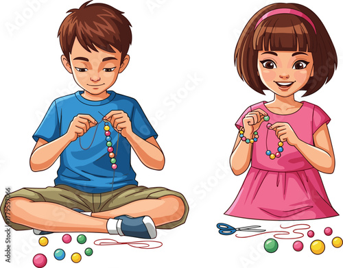 Happy children making colorful bead necklaces and bracelets, engaging in a fun and creative hobby craft activity together.