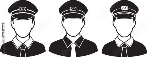 Three uniformed men in caps and collared shirts silhouette