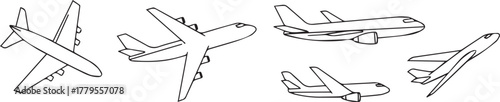 Airplane vector line art set isolated on a transparent background. Aviation, travel.