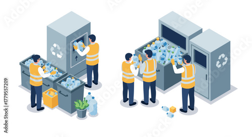 Recycling process urban workers sorting waste in isometric style