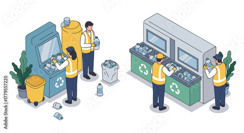 Isometric recycling center scene with workers sorting plastic and glass waste