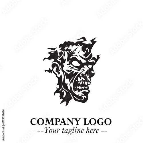 Head of Zombie Logo Symbol in Black on the White Background with Horror Minimal Vector Design