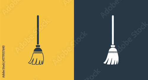 Broom Icon Set: Cleaning Tool Symbol on Contrasting Backgrounds.