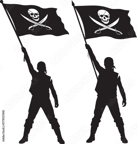 Two pirate figures holding jolly roger flags in silhouette