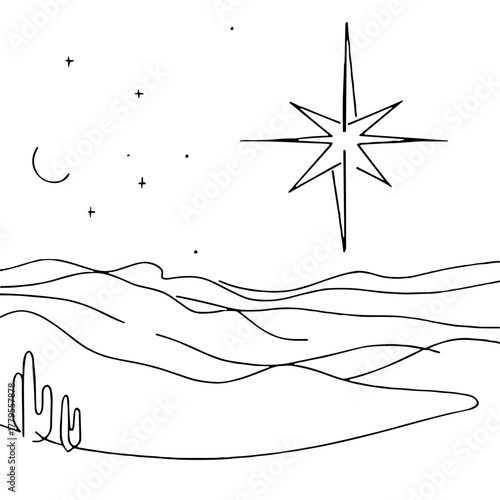 A guiding star over the desert Biblical Christmas Scenes outline / minimal linear vector