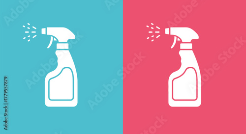 Cleaning spray bottle icon on blue and red background.