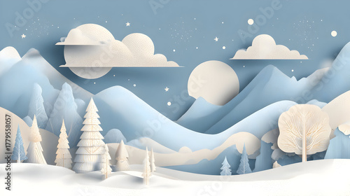 Minimalist winter landscape in paper cut art style for seasonal greeting cards and posters