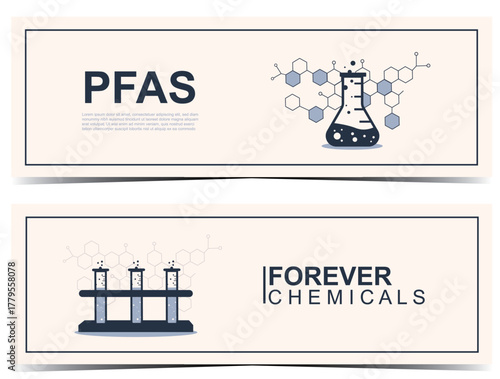 PFAS and Forever Chemicals flyers Set. PFAS and forever chemicals themes with laboratory glassware and hexagonal molecules. Ideal for research, education, and environmental topics. Vector illustration