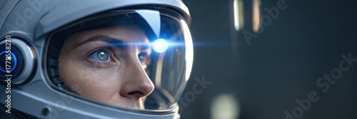 Hopeful female astronaut in helmet envisions new frontier for humanity growth. future of space economy shines with promise in her determined and focused gaze
