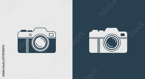 Camera illustration on contrasting backgrounds capturing visual elements.