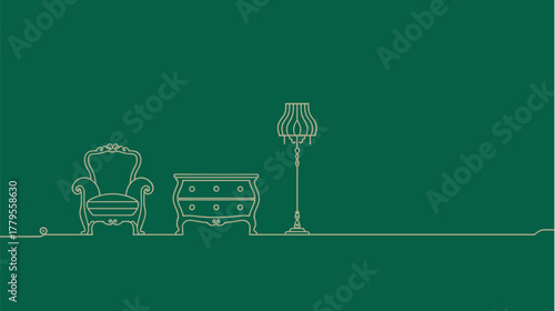 Vintage armchair, chest, and lamp in line art on emerald green background
