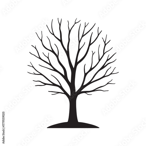 Bare tree with branches silhouette vector, a simple icon for winter or autumn seasons isolated on a white background