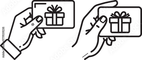 Two hands holding gift cards with present icons in a simple line art silhouette