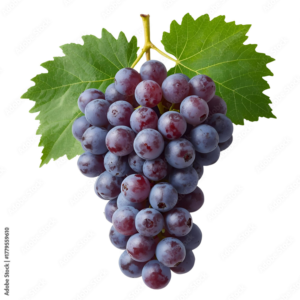 Fototapeta premium A bunch of purple grapes with green leaves, white background
