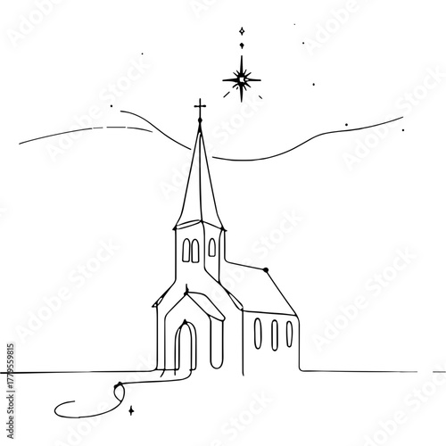 Church in lines with the glow of a star Biblical Christmas Scenes outline / minimal linear vector