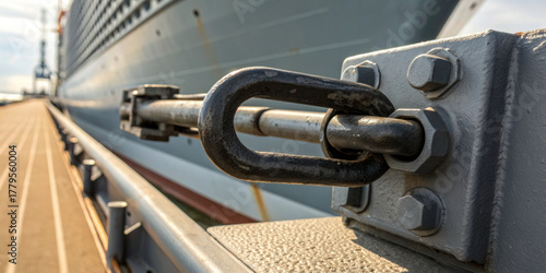 Fototapeta Naklejka Na Ścianę i Meble -  Strong metal turnbuckle secures safety railing on port dock feeling of stability. large cargo ship represents global economy growth and copy space