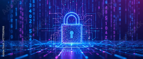 abstract vector binary winter theme cyber lock, metallic 3d pop-up in neon ice-blue and violet with frosted shimmer and glowing cyan and purple points,