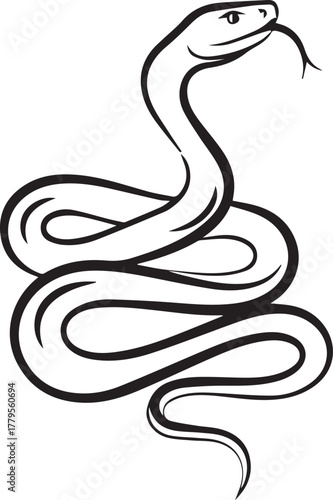 Sleek, stylized black and white illustration of a coiled snake with its tongue flicking.