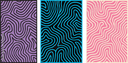Abstract set of three seamless vector patterns with organic flowing wavy lines in contrasting color combinations: purple & black, blue & black, pink & cream.