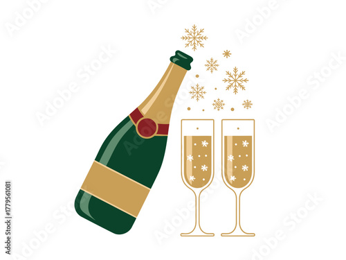 A celebratory bottle of champagne is poured into two glasses with festive snowflakes.