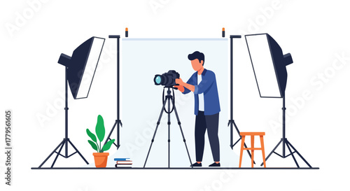 Flat vector photographer adjusting camera on tripod with softbox lights in studio environment. Clean creative workspace, solid vivid colors