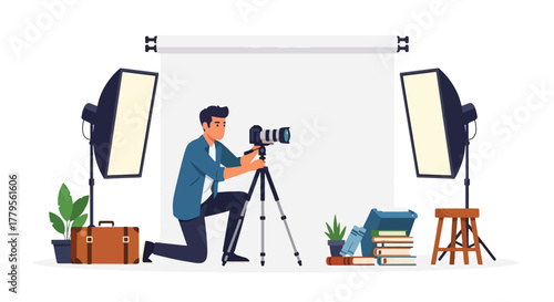 Flat vector photographer adjusting camera on tripod with softbox lights in studio environment. Clean creative workspace, solid vivid colors