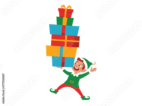 A joyful elf balances a tall stack of Christmas presents on his hand.