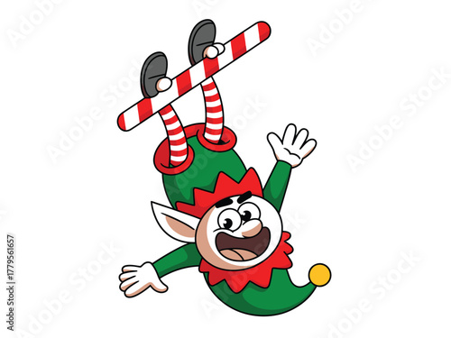 A cheerful cartoon elf is joyfully snowboarding down a snowy hill.
