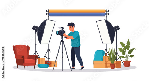 Flat vector photographer adjusting camera on tripod with softbox lights in studio environment. Clean creative workspace, solid vivid colors