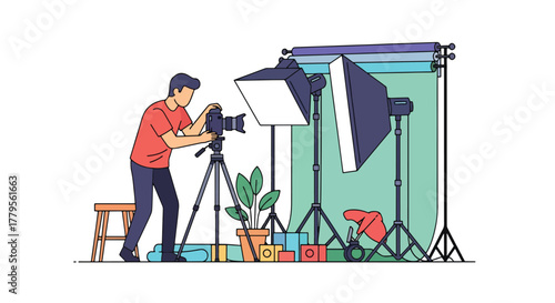 Flat vector photographer adjusting camera on tripod with softbox lights in studio environment. Clean creative workspace, solid vivid colors