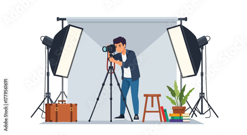 Flat vector photographer adjusting camera on tripod with softbox lights in studio environment. Clean creative workspace, solid vivid colors