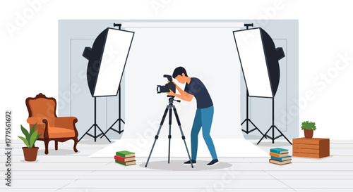 Flat vector photographer adjusting camera on tripod with softbox lights in studio environment. Clean creative workspace, solid vivid colors