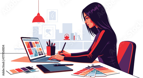 Flat vector graphic designer working on laptop with color swatches and pen tablet on desk. Clean creative workstation